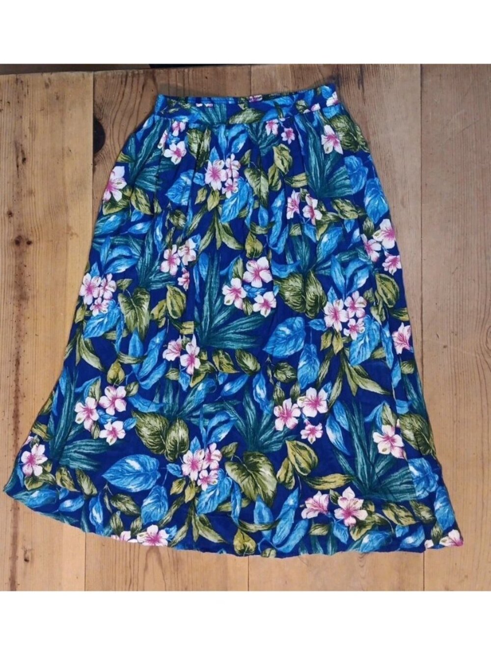 Vtg Michele Leslie Skirt Women S Blue Floral Crinkle Rayon Midi Pull On Beachy